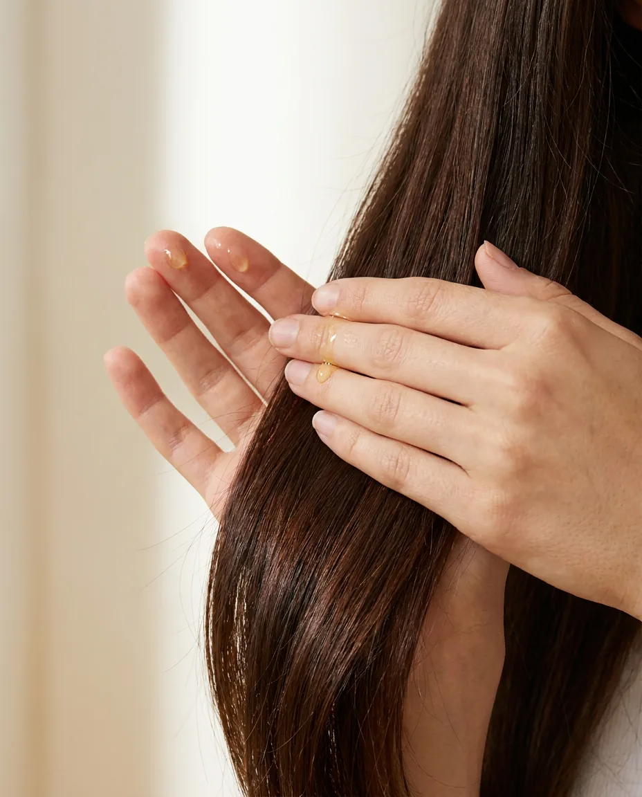 Drops of pistachio oil in the fingertips, held above a length of dark hair.