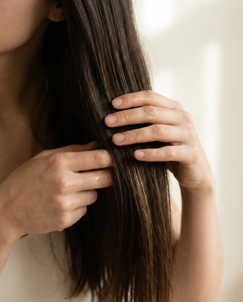 Hands drawing the oil down the mid-lengths of dark hair.